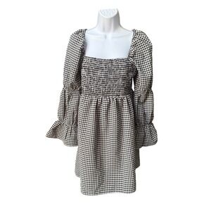 Atmos&Here Gingham Smocked Mini Dress Black White Square Neck Puff Sleeve
